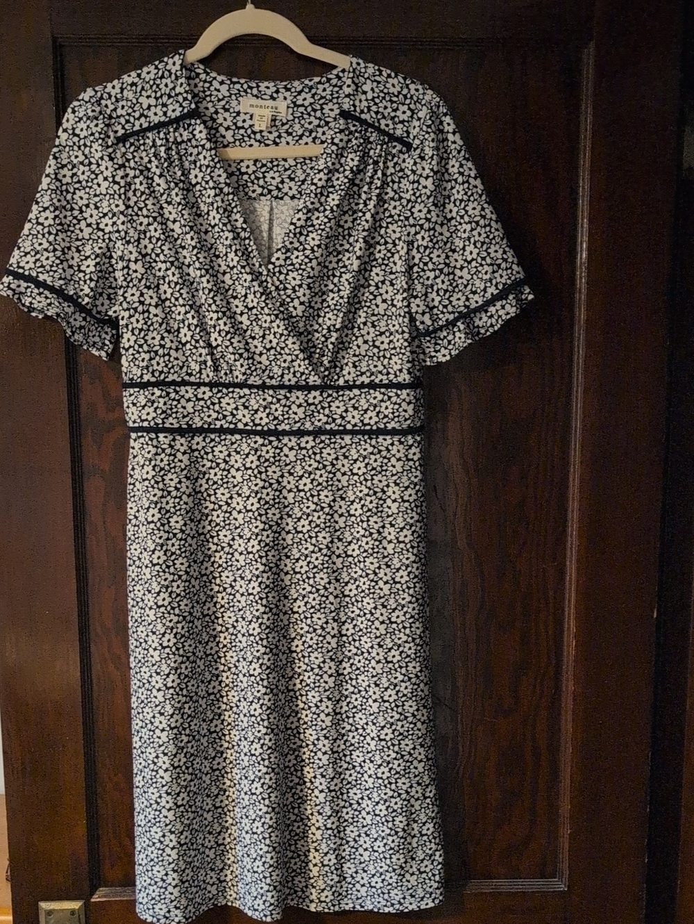 Navy and White Floral Wrap-Style Midi Dress